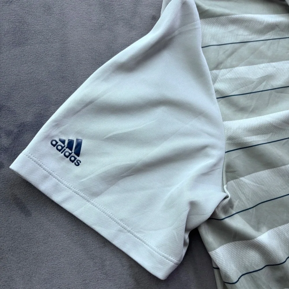Adidas Mens Golf Polo Shirt Grey White Striped Short Sleeve Performance Large
